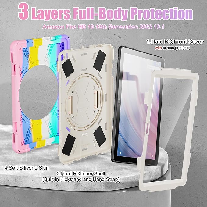 BRAECNstock Kids Case for Amazon Fire HD 10 Tablet 13th Gen 2023 Shockproof Protective Kindle Fire HD 10 Case with Screen Protector Rotating Hand Strap+Stand Shoulder Strap Pen Holder - Colorful Pink