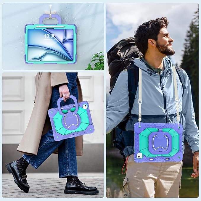 WESOROL Case for iPad Air 13 Inch (M3/M2) 2025/2024 with Pencil Holder/Screen Protector/360° Rotating Stand/Shoulder StrapMilitary Grade Shockproof Cover for iPad Air 13 Inch M2 Case Purple Green