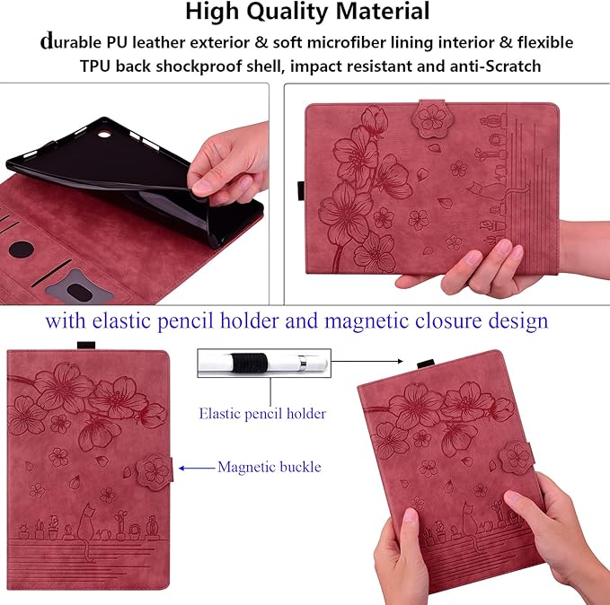 for Amazon Kindle Fire HD 8 &amp Fire HD 8 Plus Case 12th/10th Generation (2024/2022/2020) 8 UUcovers Embossed PU Leather Folio Magneic Cover with Stand/Pencil Holder Cherry Blossom Red Cat