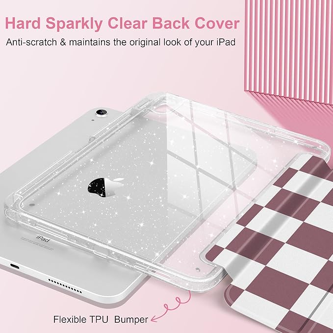 DONGKE for iPad Pro 11 inch Case – Fits M5 2025 / M4 2024 Shockproof Sparkling Glitter Acrylic Back Pencil Holder Trifold Stand Auto Sleep/Wake &amp Touch ID Support - Brown Checkerboard