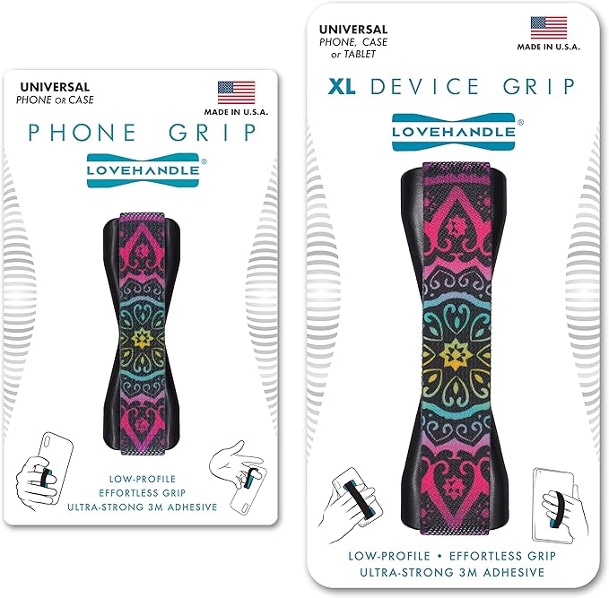 LOVEHANDLE Duo Elastic Strap for Smartphone and Tablet - Boho Design Black Base Grip + XL Grip