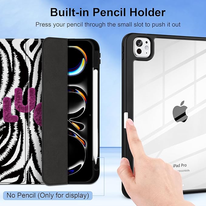TWOLSKOO Case for iPad Pro 11-inch (M5 2025 / M4 2024) Clear Acrylic Back with TPU Bumper Pencil Holder Trifold Stand Auto Sleep/Wake Zebra Stripes