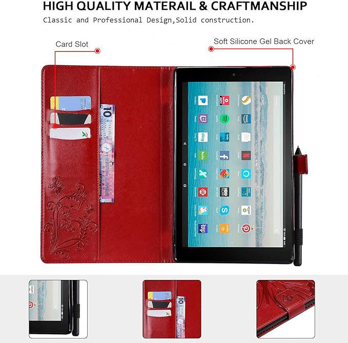 Case for Fire HD 10 Tablet Techcircle Butterfly Embossed Slim Folding Stand Cover with Credit Card/Cash Holder Case for Amazon Fire HD 10.1 5th/7th/9th Generation-2015/2017/2019 Release Burgundy