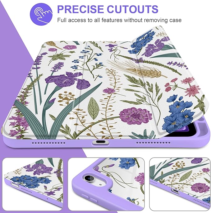 DONGKE Case for iPad Air 11-inch M4 2026 &amp M3 2025 &amp M2 2024 iPad Air 5th/4th Gen 10.9 2022/2020 [Built-in Pencil Holder] Clear Acrylic Back Trifold Stand Smart Cover Purple Botanical Wild