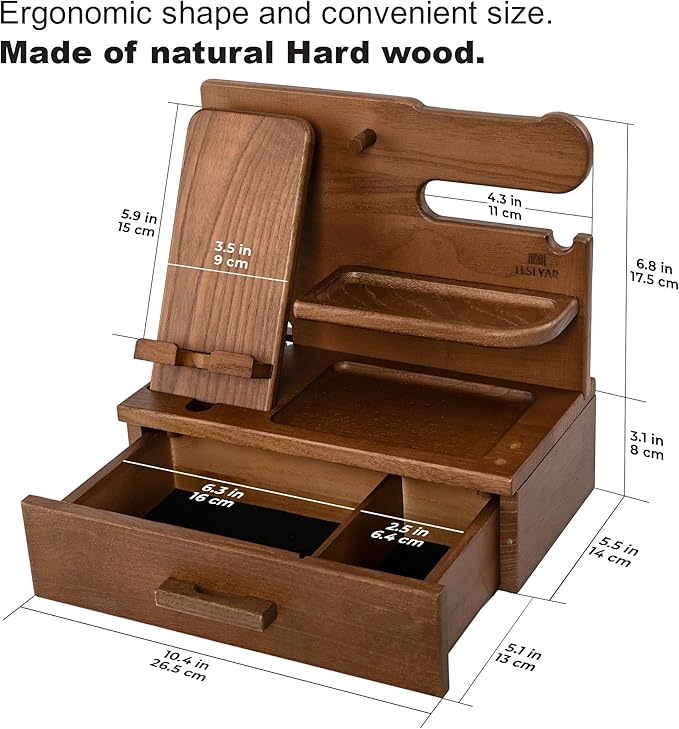 TESLYAR Wood Phone Docking Station with Drawer - Nightstand Organizer - Desk Organizer for Husband - Birthday Gifts for Men Dad Anniversary Idea Key Holder Stand Watch &amp Accessories (Desert Bei