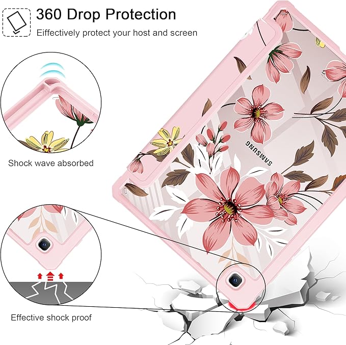 Mektron Case for Samsung Galaxy Tab S6 Lite 10.4 Inch 2024/2022/2020 with S Pen Holder Multi-Angle Viewing with Shockproof Cover Clear Shell + Trifold Stand + Auto Wake/Sleep Floral C293