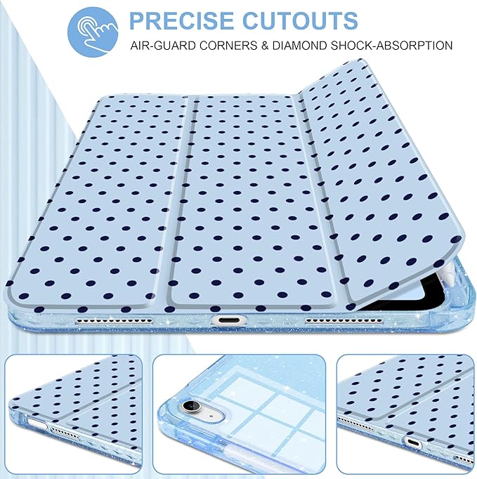 TWOLSKOO Sparkly Case for iPad Pro 11 inch (M5 2025 / M4 2024) Glitter Hard Acrylic Back with Pencil Holder Slim Trifold Stand Folio Cover Auto Sleep/Wake Blue Polka Dot