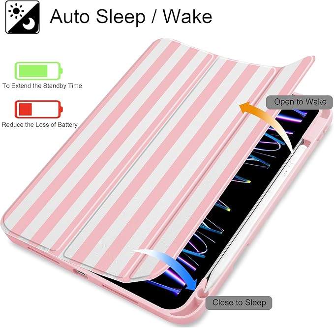 May Chen for iPad Pro 11 inch M2 4th Generation 2022 iPad Pro 11 3rd/2nd/1st Gen Built-in Pencil Holder with Shockproof Cover Clear Transparent Back Shell Auto Wake/Sleep Pink Stripes