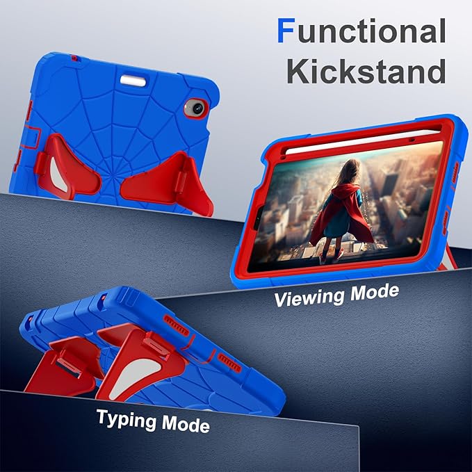 Kids Case for iPad mini 7 A17 Pro 2024/ Mini 6 8.3 inch Spider Case for iPad mini 7th 6th Generation Shockproof Durable Full Protective Cover with Pencil Holder Kickstand (Blue+Red)
