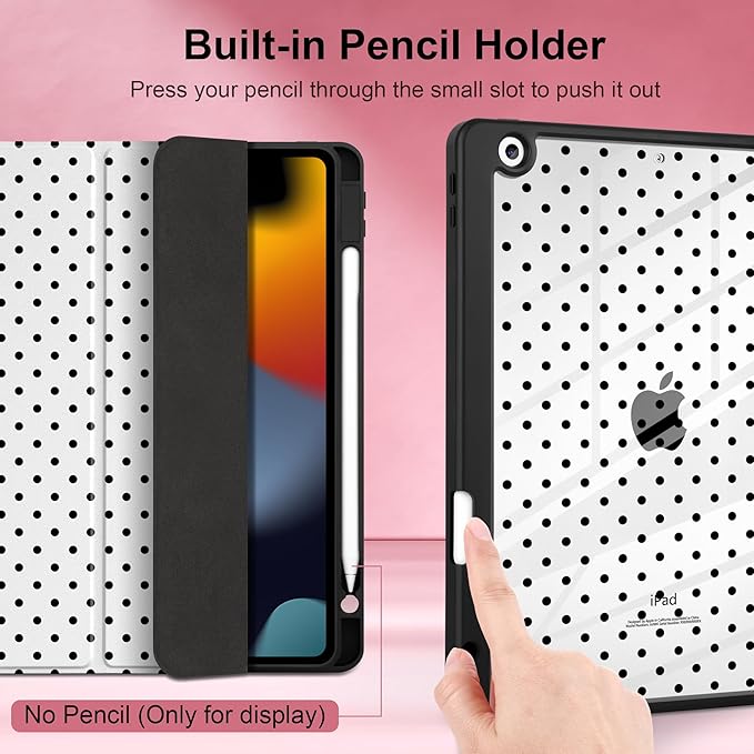MEEgoodo Case for iPad 10.2 inchTablet Cases for iPad 9th Generation 2021/8th Gen 2020/7th Gen 2019 with Clear Acrylic Back Shell+Pencil Holder+Auto Wake/Sleep+Trifold Stand Poka Dot Black
