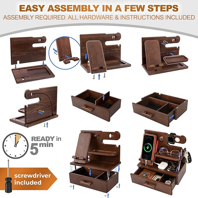 TESLYAR Wood Phone Docking Station with Drawer - Nightstand Organizer - Desk Organizer for Husband - Birthday Gifts for Men Dad Anniversary Idea Key Holder Stand Watch &amp Accessories (Bourbon Br