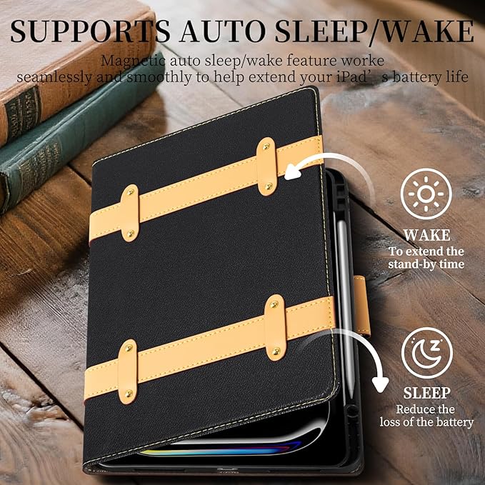 iPad Case for iPad Pro 13 Inch (M5/M4) 2025/2024Leather Folio Cover with Pencil HolderAuto Wake/Sleep Adjustable StandDetachable Magnetic Closure Protection Case-Multiple Straps Black