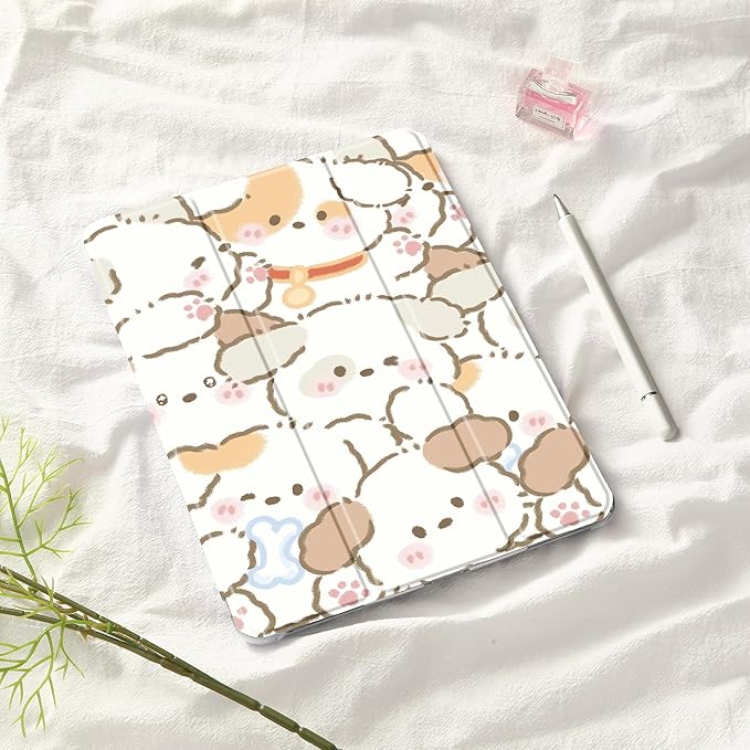 Idocolors Cute Kawaii Puppy Dog Pad Case for 12.9 Inch iPad Pro 2022/2021/2020/2018 Clear TPU Trifold Stand Back Cover with Pencil Holder Auto Wake/Sleep Foldable Shockproof Protective Case