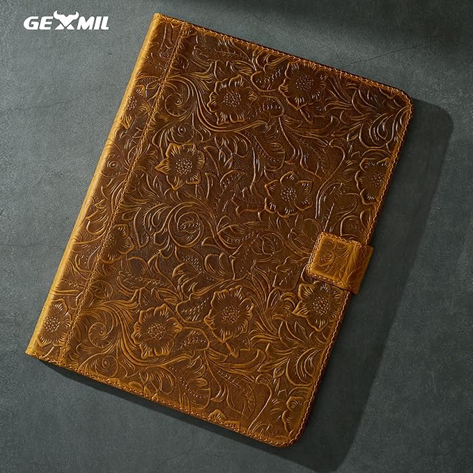 Gexmil Case for iPad 10.2 Inch9th/8th/7th Generation(2021/2020/2019) Genuine Leather Cover Auto Sleep/WakeCowhide Folio Cover with Adjustable Stand with BuckleAnti SlipFlower Brown