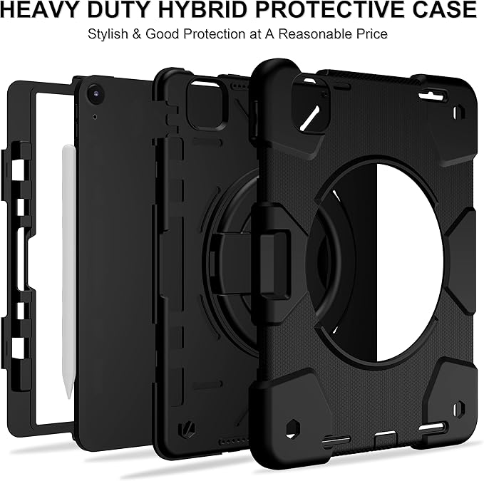 Case for iPad Air 11 inch Case M3 2025/ M2 2024 (Air 7th/6th Generation) Heavy Duty Shockproof Cover with Screen Protector 360° Rotating Stand Pencil Holder Shoulder Strap (Black)