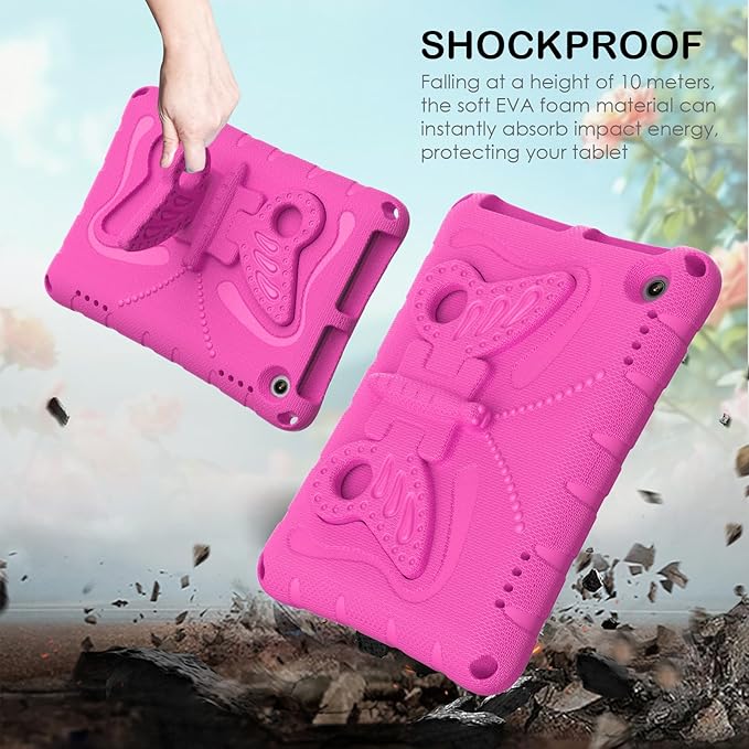 For Kindle Fire HD8 (2020/2022) kids girl Tablet Case Butterfly Wings Kickstand EVA Material Light Weight Shockproof Rugged Heavy Duty Kids Case for Kindle Fire HD8 Plus (2020/2022) (Rose red)