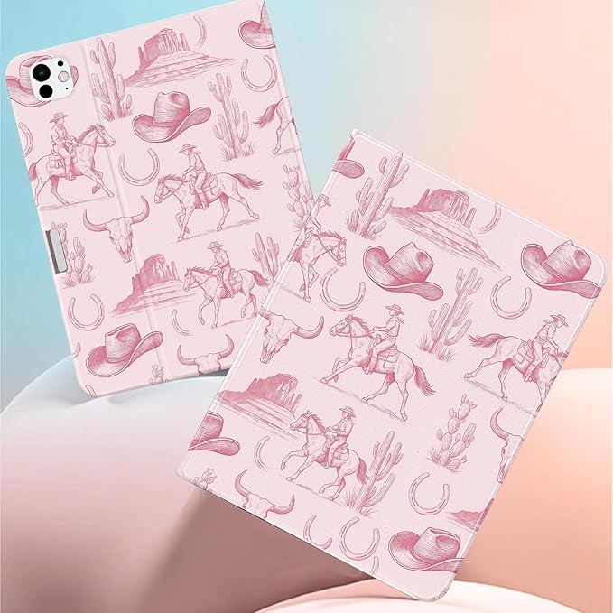 Stylish Case for iPad Pro 13-inch(M4) 2024Pink Cowboy Textured Folio Case with Pencil Holder Multi-Angle View Adjustable Stand Auto Wake/Sleep(Model Number:A2925/A2926/A3007) for Women