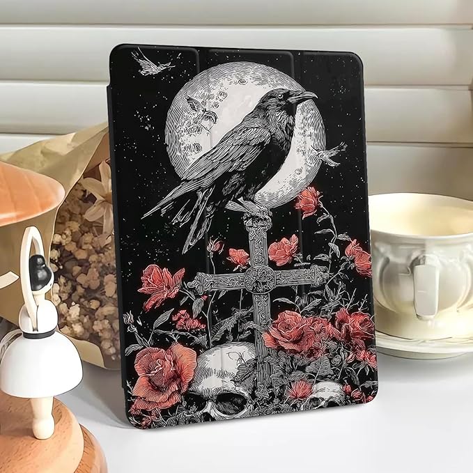 Red Rose Skull Case for iPad mini 6 Vintage Gothic Flower Cover for Ipad Funny Print Shell with Clear Transparent Back Auto Sleep/Wake Anti-Slip Shockproof with Pencil Holder(Girls Women)