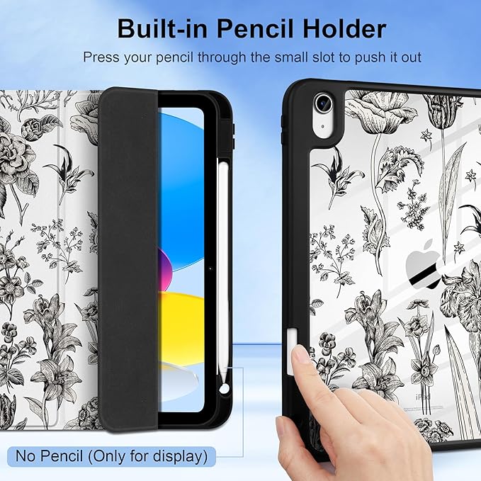 DONGKE Case for iPad (A16) 11th Generation 11 inch 2025 &amp iPad 10th Gen 10.9 inch 2022 [Built-in Pencil Holder] Clear Acrylic Back Trifold Stand Smart Cover Auto Sleep/Wake Black Florals