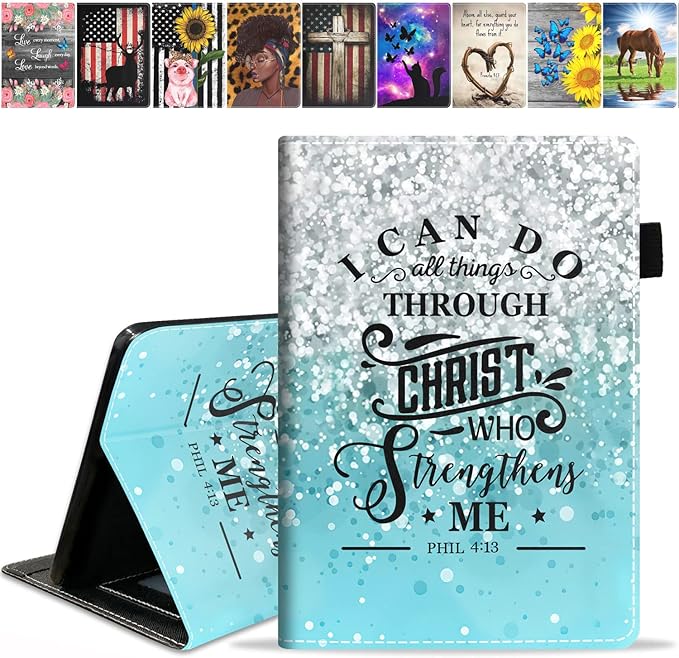 Case for Amazon Kindle Fire HD 10 Tablet 10.1 (9th/7th Generation 2019/2017 Release) Premium PU Leather Stand Cover with Smart Auto Wake Blue Background Quote Bible Verse Phil 4:13