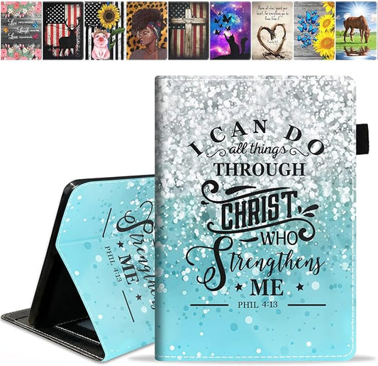 Case for Amazon Kindle Fire HD 10 Tablet 10.1 (9th/7th Generation 2019/2017 Release) Premium PU Leather Stand Cover with Smart Auto Wake Blue Background Quote Bible Verse Phil 4:13
