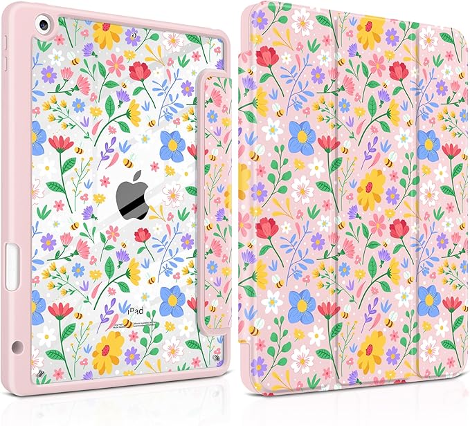 MEEgoodo Case for iPad 10.2 inchTablet Cases for iPad 9th Generation 2021/8th Gen 2020/7th Gen 2019 with Clear Acrylic Back Shell+Pencil Holder+Auto Wake/Sleep+Trifold StandFlat Spring Floral
