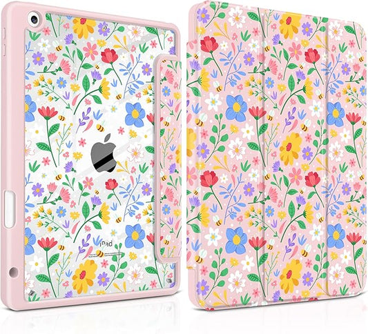 MEEgoodo Case for iPad 10.2 inchTablet Cases for iPad 9th Generation 2021/8th Gen 2020/7th Gen 2019 with Clear Acrylic Back Shell+Pencil Holder+Auto Wake/Sleep+Trifold StandFlat Spring Floral
