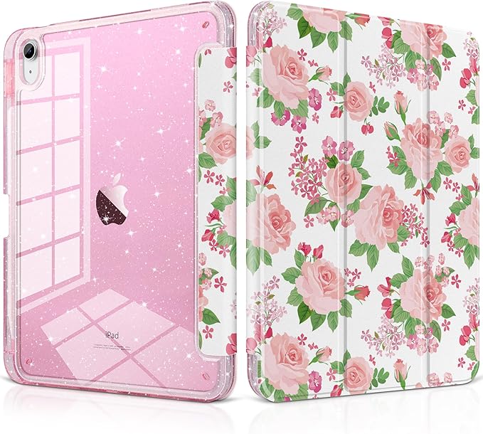 MEEgoodo Case for iPad A16 11th Generation 2025/10th Generation 2022 Glitter Tablet Cases with Transparent Acrylic Back+Trifold Stand +Pencil Holder+Auto Wake/SleepFloral Ornamental Texture