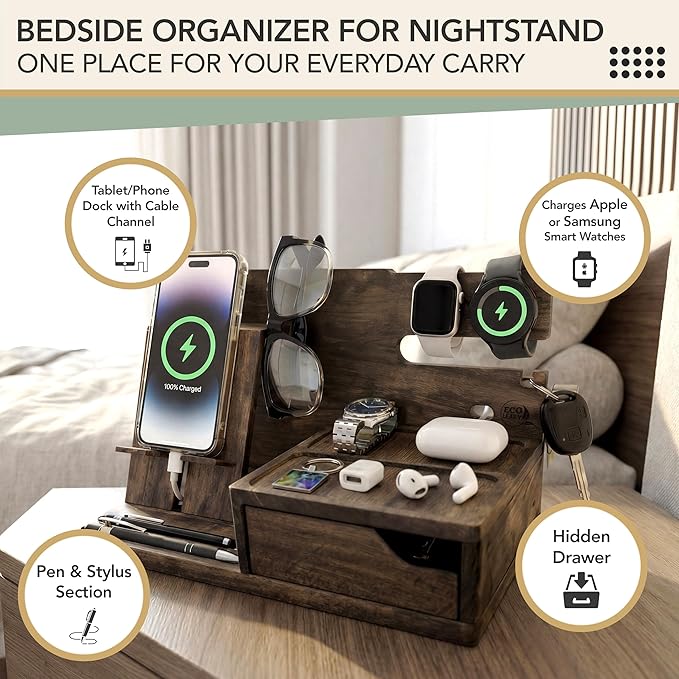 Nightstand Organizer- Phone Docking Station for Men- Unique Gifts for Husband Father or Dad from Wife Son or Daughter- Desk Organizer for Cellphone Watches Wallet and Key (Rustic)