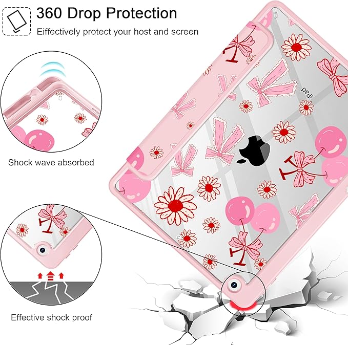 for iPad 9th Generation with Pencil Holder iPad 8th/7th Gen Case 10.2-inch [Built in Pencil Holder] Trifold Stand Auto Wake/Sleep Clear TPU Protection Back Cover Cherry Bow P705