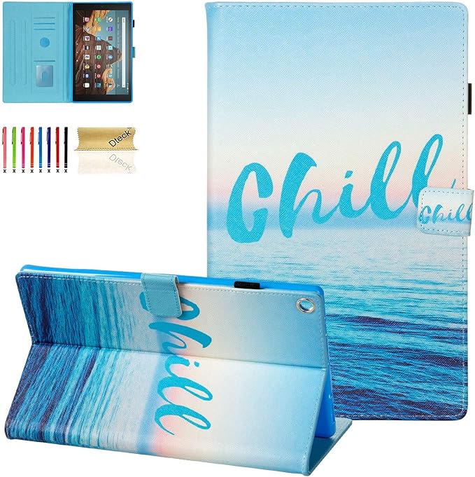 Dteck Folio Case for All-New Fire HD 10 Tablet (9th/7th/5th Generation 2019/2017/2015 Release) - Premium Leather Smart Stand Cover with Auto Wake/Sleep for Kindle Fire HD 10.1 Inch Chill Sea