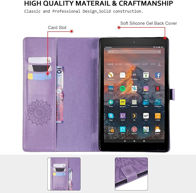 Folio Case for Fire HD 10 (9th/7th/5th Generation 2019/2017/2015 Release) Techcircle Sunflower Embossed Stand Protective Cover with Card/Cash Holder for Amazon Fire HD 10.1 Inch Tablet Purple
