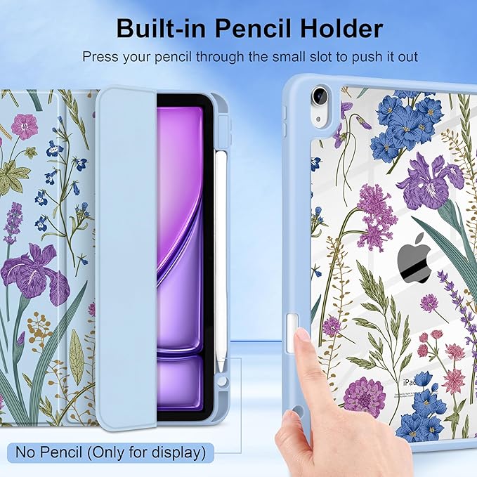 DONGKE Case for iPad Air 11-inch M4 2026 &amp M3 2025 &amp M2 2024 iPad Air 5th/4th Gen 10.9 2022/2020 [Built-in Pencil Holder] Clear Acrylic Back Trifold Stand Smart Cover Blue Botanical Wildfl