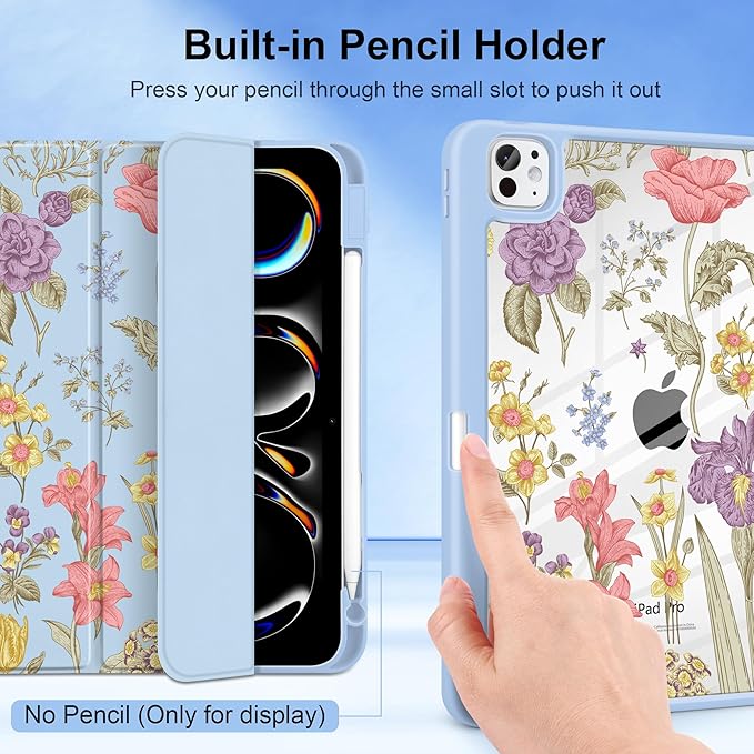 DONGKE for iPad Pro 11-Inch Case (M5 2025 / M4 2024) 6th/5th Generation [Auto Sleep/Wake &amp Pencil Pro Holder] Clear Acrylic Back Smart Trifold Stand Cover Blue Botanical Floral