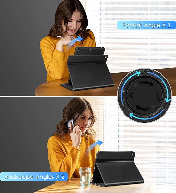 DTTO Rotating Case for iPad 9th/8th/7th Generation 10.2 Inch 2021/2020/2019 360 Degree Swiveling Premium Leather Folio Stand Cover with Pencil Holder - Auto Wake/Sleep and Hand Strap Black Brown