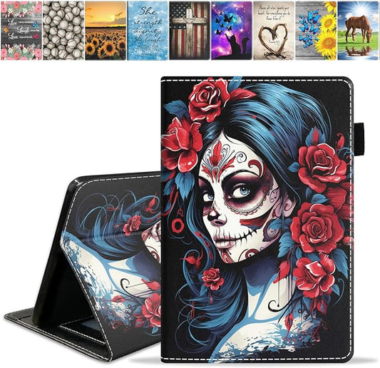Case for All-New Amazon Kindle Fire HD 10 &amp 10 Plus Tablet (13th/11th Generation 2023/2021 Release) 10.1 - Premium PU Leather Stand Cover with Smart Auto Wake Sugar Skull Girl Rose