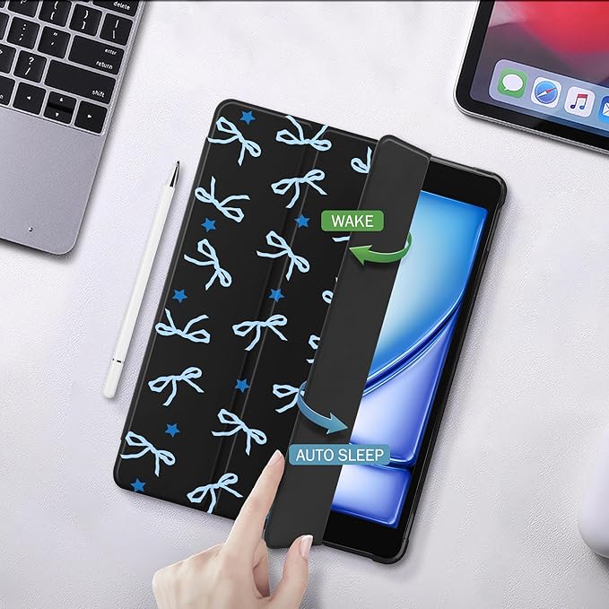 Idocolors Case for iPad 11 inch (A16 Chip) 2025 Generation 11th / iPad 10.9 inch 2022 10th Gen Built-in Pencil Holder with Soft TPU Shockproof Back Shell Auto Wake/Sleep Blue Bows-Black
