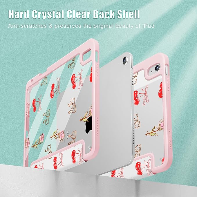 Case for iPad 11 inch A16 2025 Generation 11th / iPad 10.9 inch 2022 10th Gen Buit in Pencil Holder with Shockproof Cover Clear Transparent Back Shell Auto Wake/Sleep Cherry Bow