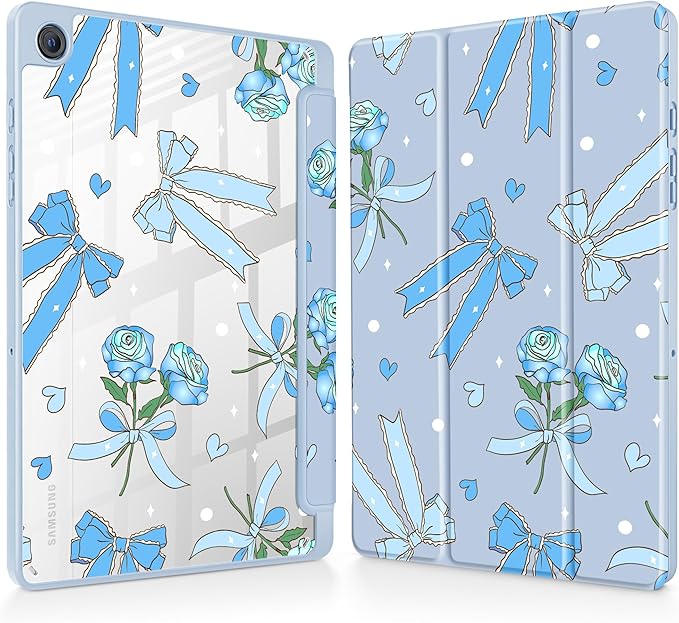 Tuiklol for Samsung Galaxy Tab A9+ Tablet 11” / A9+ Plus 2024 2023Buit-in S-Pen Holder with Clear Protective Cover Transparent Back Shell Auto Wake/Sleep Samsung Tab A9 Plus CoverBow &amp Rose Blue