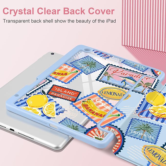 MEEgoodo Case for iPad 10.2 inchTablet Cases for iPad 9th Generation 2021/8th Gen 2020/7th Gen 2019 with Clear Acrylic Back Shell+Pencil Holder+Auto Wake/Sleep+Trifold Stand Retro Tropical Pattern