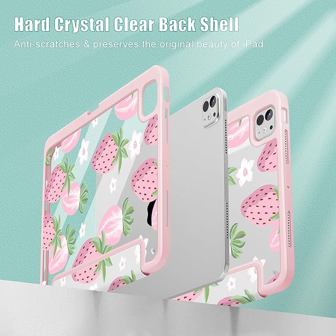 May Chen Case for iPad Pro 11-Inch M5/M4 2025/2024 (6th/5th Generation) [Penceil Holder] Trifold Stand Auto Wake/Sleep Clear TPU Protection Back Cover Strawberries