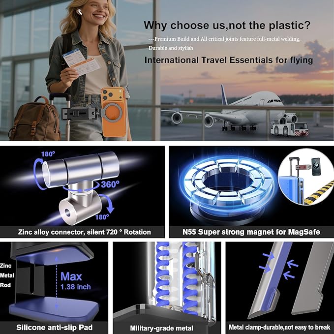 Airplane Travel Essentials Men Phone HolderPlane Phone Mount for MagSafeFoldable Magnetic Phone Stand for Desk 360° Swivel Universal in Airplane Gadgets Spring Break Essentials for iPhone 17