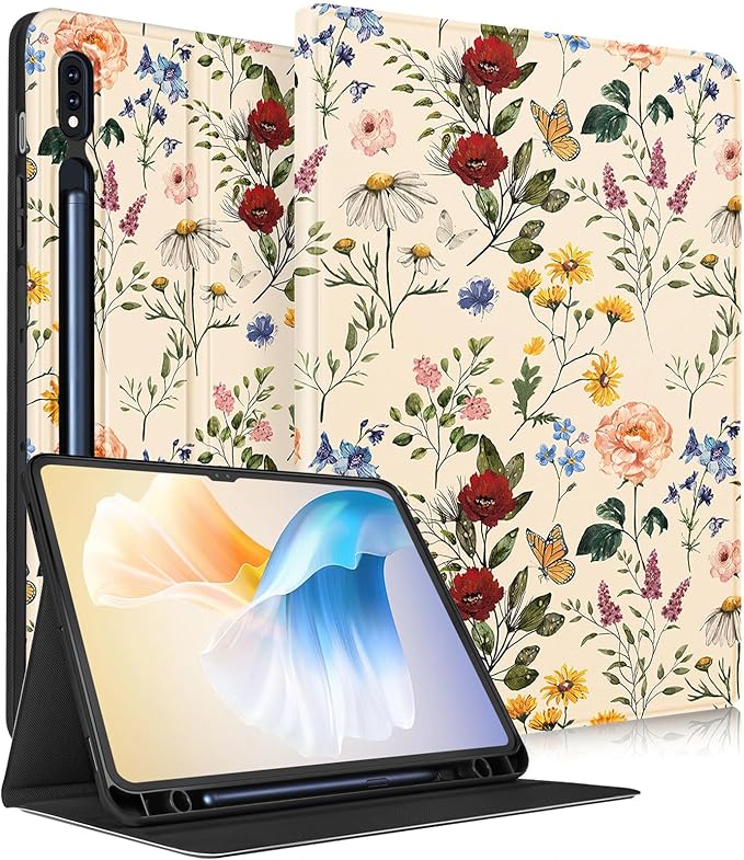 for Samsung Galaxy Tab S8 Ultra/Tab S9 Ultra Case 14.6 Inch 2022/2023 for Women Girls Cute Folio Cover with Pencil Holder Girly Kawaii Flower Floral Pretty Tablet Cases for S9 Ultra/S8 Ultra