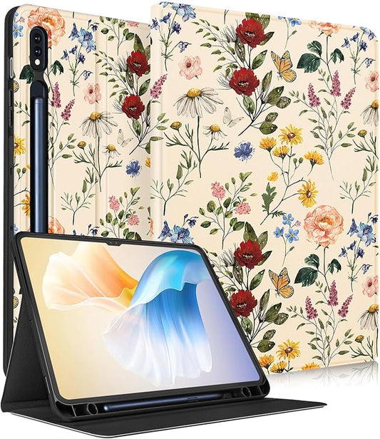 for Samsung Galaxy Tab S8 Ultra/Tab S9 Ultra Case 14.6 Inch 2022/2023 for Women Girls Cute Folio Cover with Pencil Holder Girly Kawaii Flower Floral Pretty Tablet Cases for S9 Ultra/S8 Ultra