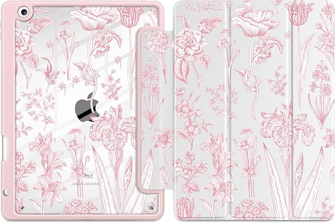 DONGKE for iPad 9th/8th/7th Generation Case 10.2 Inch (2021/2020/2019) [Auto Sleep/Wake &amp Pencil Holder] Clear Acrylic Back Trifold Stand Cover Pink Florals