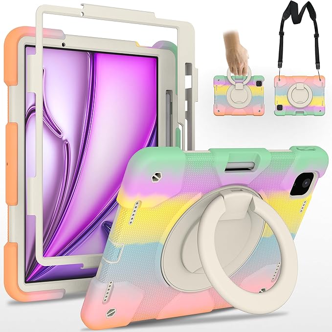 Case for iPad Air 11 inch Case M3 2025/ M2 2024 (Air 7th/6th Generation) Heavy Duty Shockproof Cover with Screen Protector 360° Rotating Stand Pencil Holder Shoulder Strap (Colorful Pink)