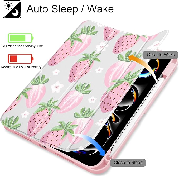 May Chen Case for iPad Pro 11-Inch M5/M4 2025/2024 (6th/5th Generation) [Penceil Holder] Trifold Stand Auto Wake/Sleep Clear TPU Protection Back Cover Strawberries
