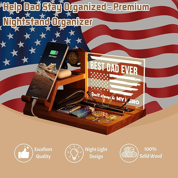 Attivolife Gifts for Dad Men Husband LED Phone Docking Station Desk Organizer Cell Phone Stand with Night Light Best Dad Ever Gift for Father's Day Key Holder Stand for Wallet Watch Essentials
