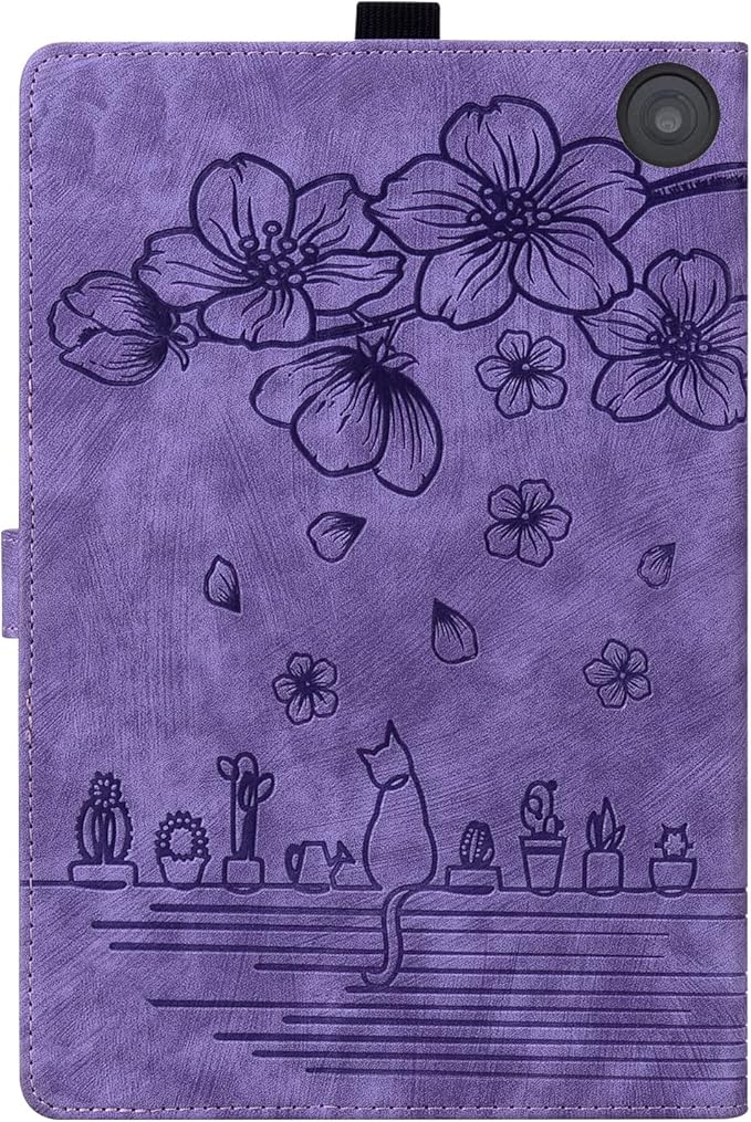 for Amazon Kindle Fire HD 8 &amp Fire HD 8 Plus Case 12th/10th Generation (2024/2022/2020) 8 UUcovers Embossed PU Leather Folio Magneic Cover with Stand/Pencil Holder Cherry Blossom Purple Cat
