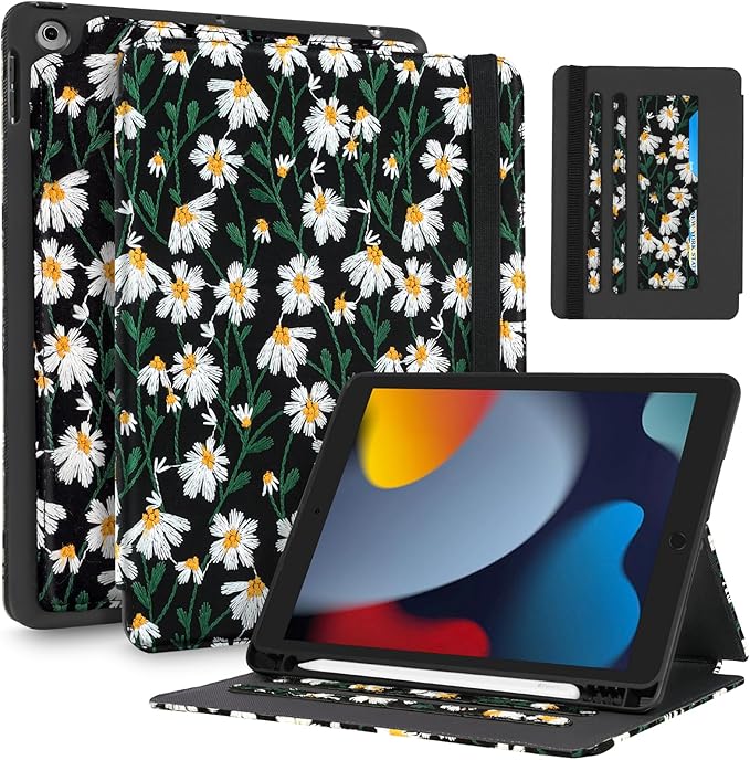 for iPad 9th/8th/7th Generation Case 10.2'' - Women Girls Cute Embroidered Folio Stand Cover with Pencil Holder &amp Card Slot Girly Black Daisy Floral Design Aesthetic Cases for iPad 7th/8th/9th